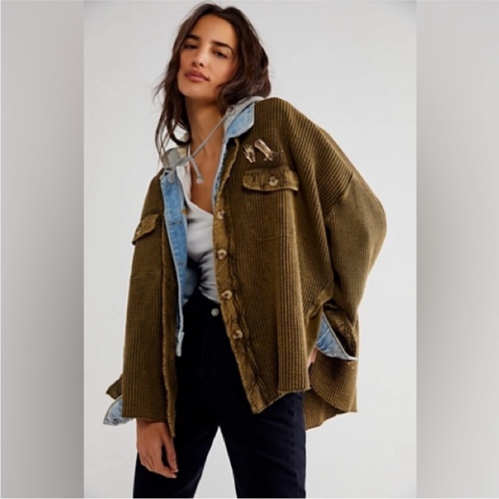 FP One Free People Scout Jacket Shacket Oversized Waffle Knit Green Thermal M - Picture 3 of 9